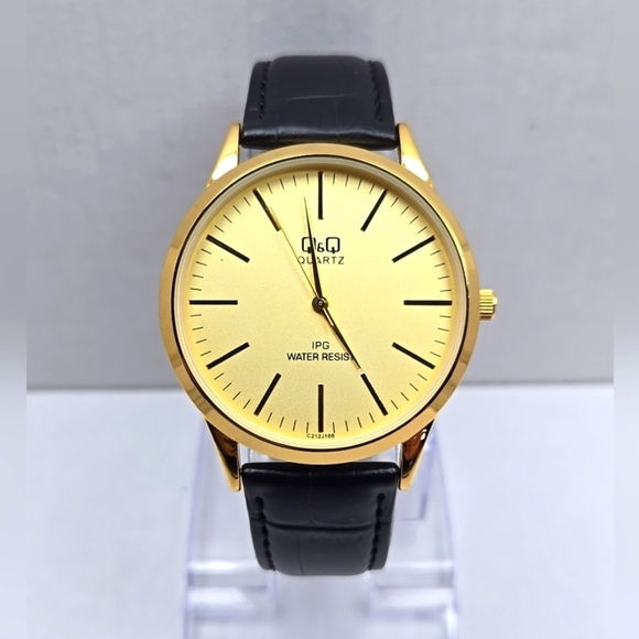 Q&Q Quartz Gold Tone 40mm Dress Watch Leather Strap New Battery IPG WR30M Mens L - Picture 1 of 11
